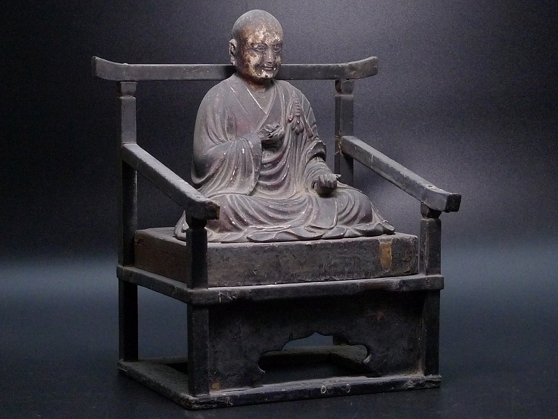 △80Z1238△江戸期・木造弘法大師坐像・玉眼入り・台座付/仏像仏教美術